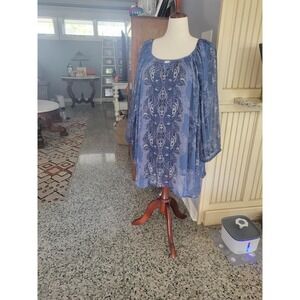 Maggie Barnes‎ Catherines 4X Blue Paisley Sheer Overlay Tunic Top Blouse